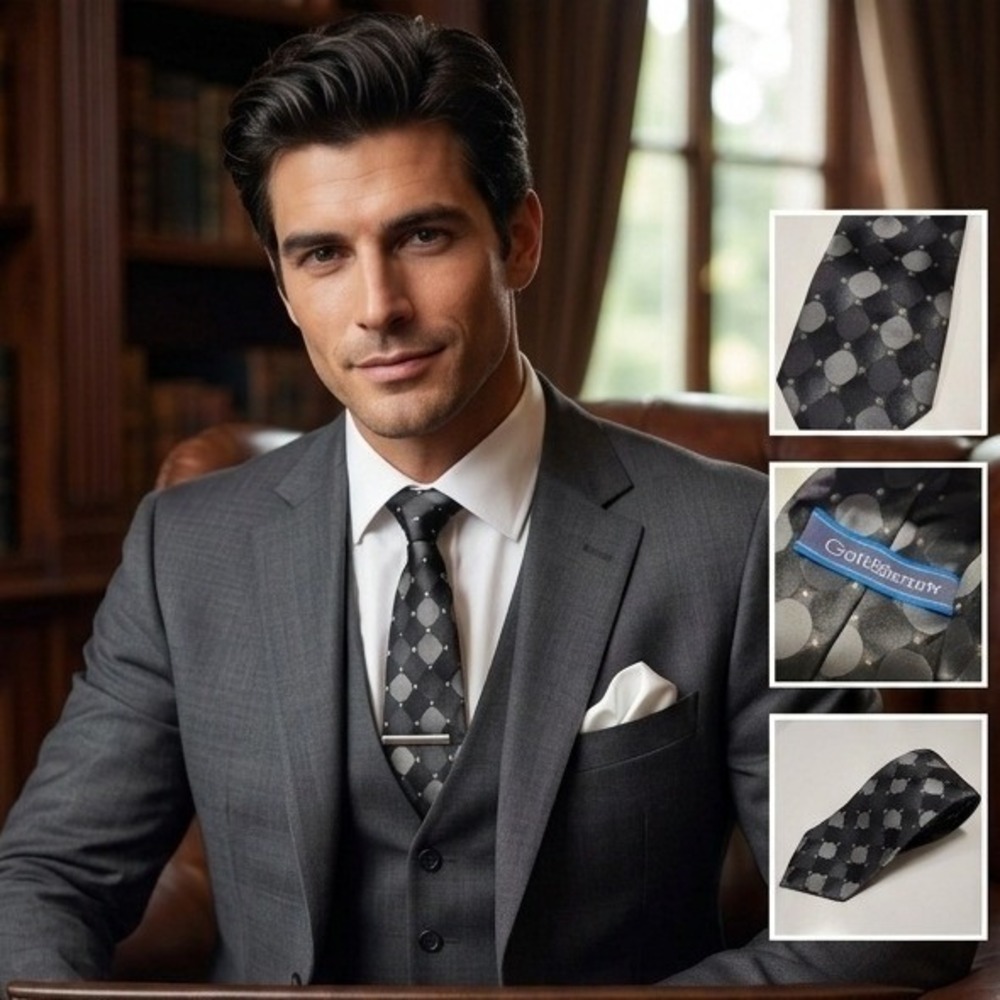 Men's Croft & Barrow 100% Silk Tie Black Gray Geometric Pattern Stain Resistant